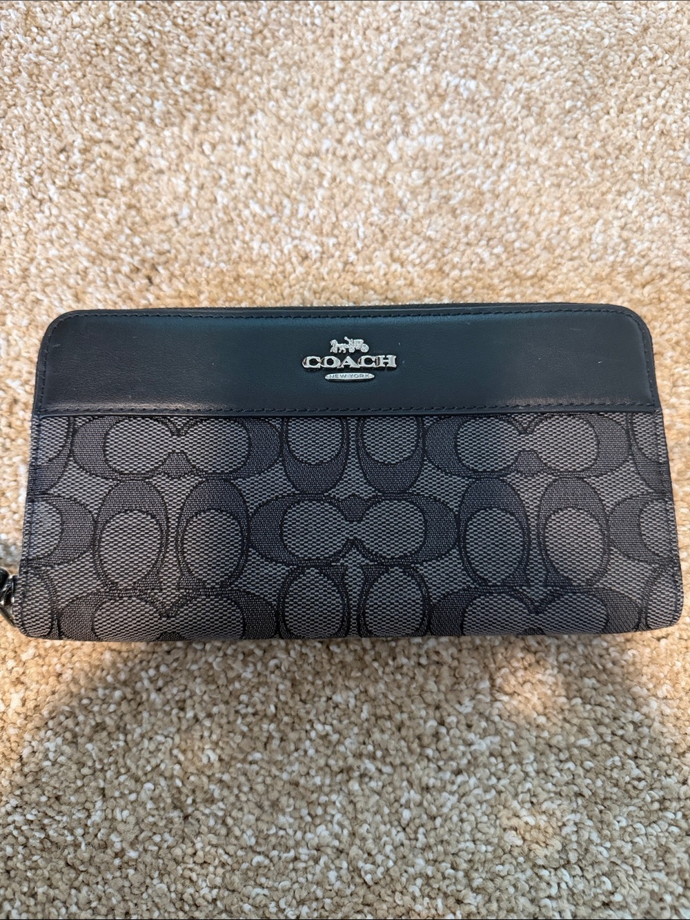 Coach Black/Brown Signature Canvas Zip Wallet with Leather Trim